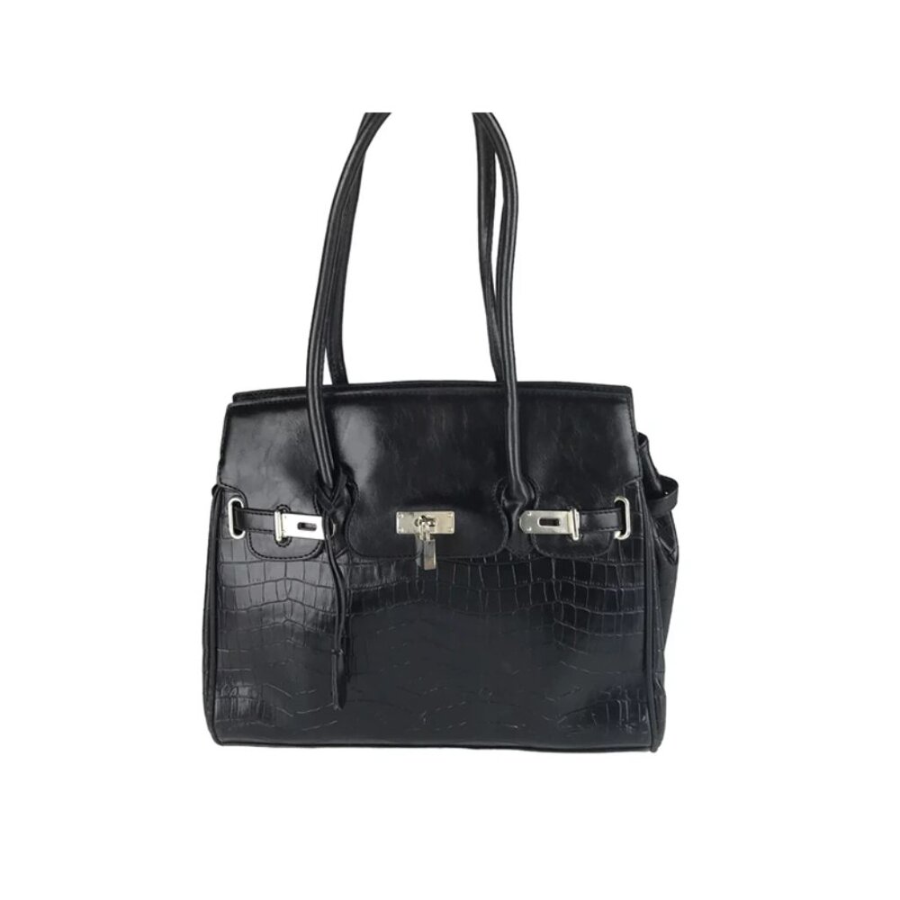 Womens Black Silver Leather Inner Pockets Dividers Double Handles‎ Shoulder Bag